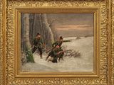 un tableau représentant des soldats dans la neige près d'un arbre