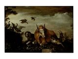 un tableau représentant une vache et d'autres animaux dans un champ