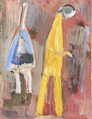 an oil painting of a man and a woman standing next to each other