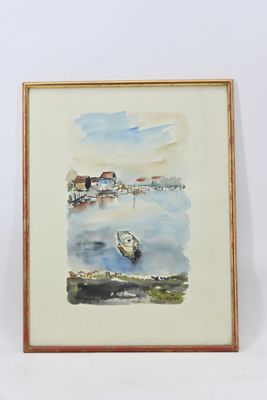 une image d'un tableau représentant un bateau dans l'eau