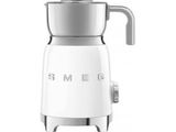 the blender is white and has a silver top