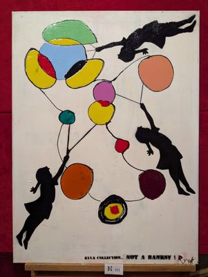 une photo d'un tableau représentant des personnes volant avec des ballons