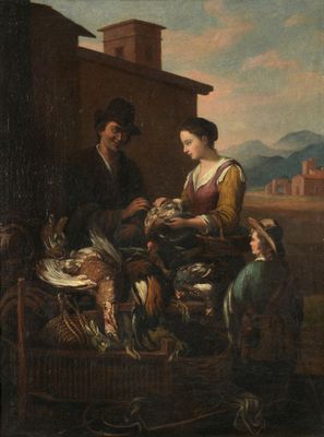 ECOLE FLAMANDE CIRCA 1800 Scène de marché aux volailles