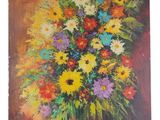 an oil painting of a vase of flowers on a table