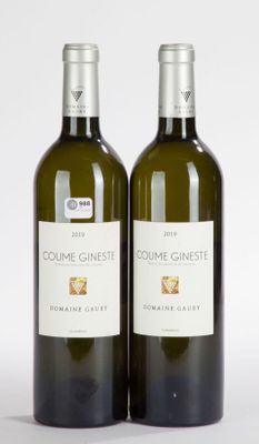 two bottles of wine sitting next to each other on a white surface