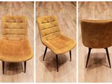 trois images différentes d'une chaise à structure en bois et d'une chaise jaune aux pieds noirs