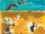 une image représentant un tableau où l'on voit un chien sur une plage