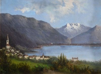 un tableau représentant une vue sur un lac avec une montagne en arrière-plan