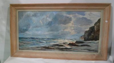 a painting of a sailboat on the water by the rocks
