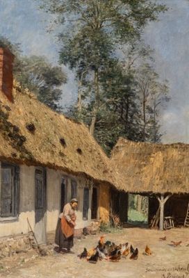 an image of a painting of a woman feeding chickens in front of a thatched house