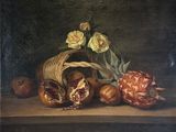 painting of a basket of pomegranates and other fruit on a table