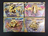 Quatre cartes Pokémon différentes sont représentées sur une surface noire.