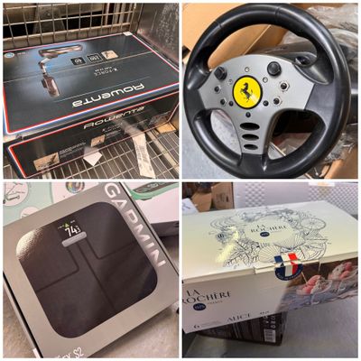 quatre images différentes représentant un volant, une boîte et un volant