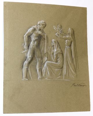 un vieux dessin représentant un homme et une femme devant une statue