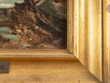 a picture of a painting of a mountain with a lake in the foreground