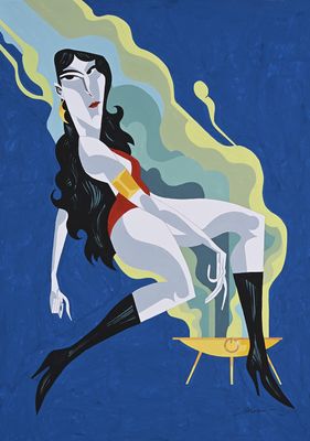 a painting of a woman in a bikini sitting on top of a table