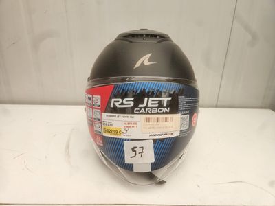 the helmet is black and blue with a red stripe on it