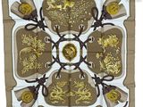 brown and white silk square scarf with gold and silver designs