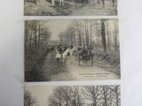 three pictures of horses and carriages on a dirt road in the woods