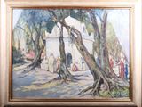 an image of a painting of a church surrounded by trees
