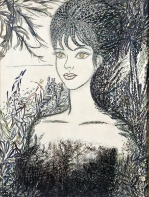 drawing of a woman in a black dress standing in front of a palm tree