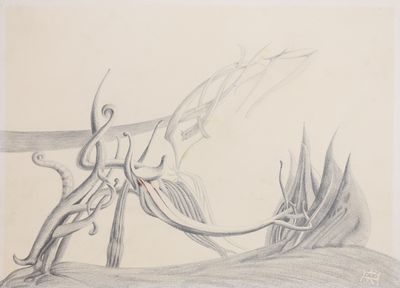 un dessin représentant une mantis et un poisson dans un plan d'eau