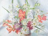 a painting of flowers in a vase on a table