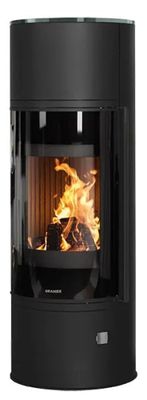 a black stove with a fire inside of it on a white background