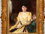 painting of a woman in a yellow dress holding a fan