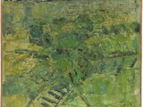 une image représentant un tableau d'un champ vert avec des arbres en arrière-plan