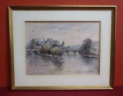an image of a watercolor painting of a river with buildings in the background