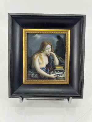 an image of a painting of a woman sitting on a table