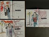 several drawings of people are hanging on a wall in a room