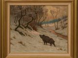 an oil painting of a boar in a snowy landscape by a stream
