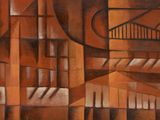 tableau représentant un bâtiment avec un escalier qui y monte