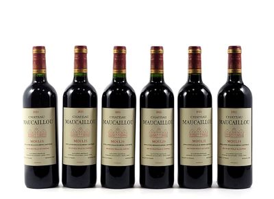 six bottles of wine are lined up on a white surface