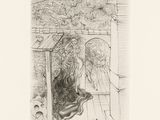 an image of a drawing of a woman sitting on a window sill