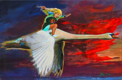 une peinture à l'huile représentant une femme chevauchant un cygne dans le ciel