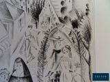 a black and white drawing of a woman walking down the street