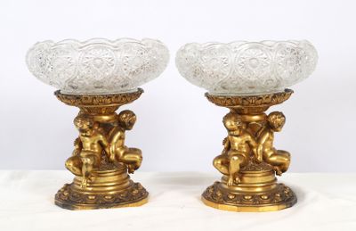 pair of antique brass and glass vases with cherensils