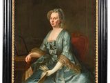 a painting of a woman in a blue dress sitting on a red chair