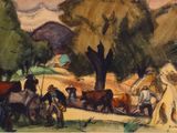 une image représentant un tableau où figurent un groupe de personnes et des chevaux