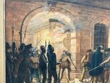 a painting of a group of people in a building