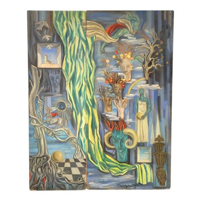 peinture représentant une fenêtre avec un rideau vert et un vase de fleurs