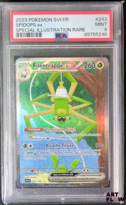 La carte Pokémon se trouve dans un étui en plastique posé sur une surface noire.