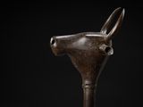 a close up of a wooden stick with a horse head on it