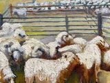 painting of a herd of sheep in a pen with a man on a horse in the background