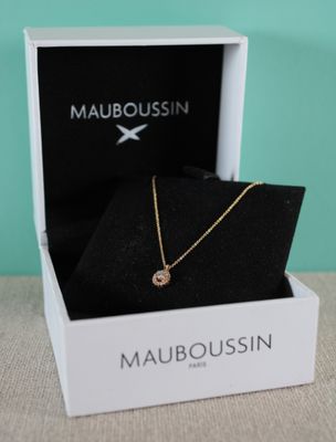a close up of a box with a necklace inside of it