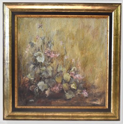 a painting of flowers in a gold frame on a white wall