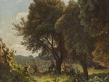 une image représentant un tableau représentant un paysage boisé avec des arbres